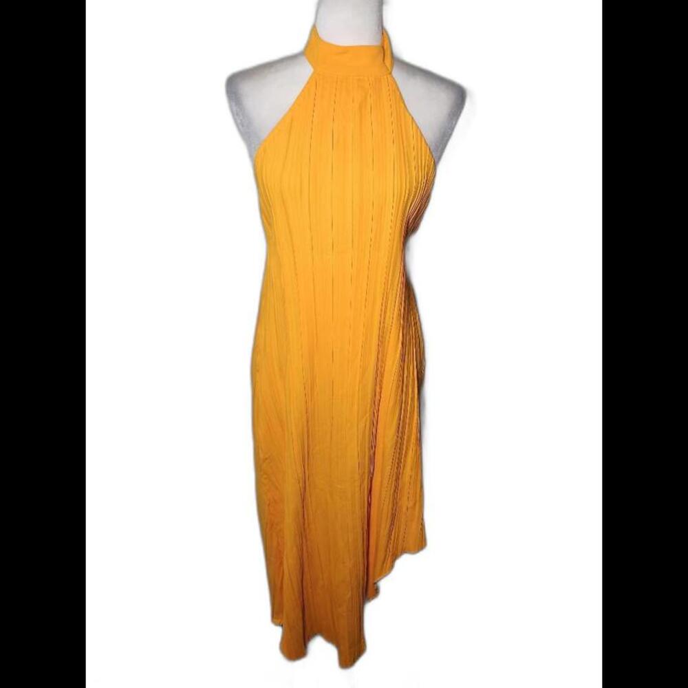 GB12 ZARA ORANGE PLEATED ASYMMETRIC STRETCH HALTER NECK DRESS, L